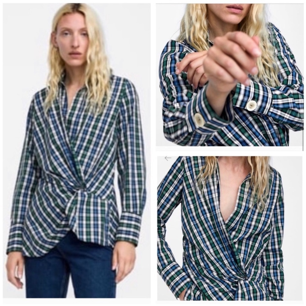 Zara Draped Plaid Check Shirt Blouse Top